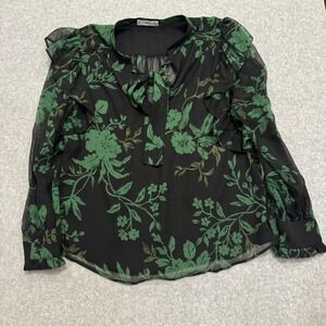 Mango MNG Green Floral Ruffle Tie Neck Chiffon Blouse XL Black Long Sleeve